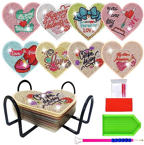 MeloMall 8 pcs Diamond Painting Dessous de Verre avec Support, DIY en Forme de Cœur Dessous de Verre Diamond Painting Set, Acrylique Craft sous Verre Diamond Painting pour Debutant, Adulte et Enfant