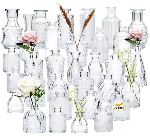 Brajttt Small Glass Vases for Flowers, 32pcs Clear Mini Bud Vases in Bulk