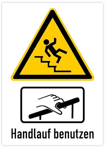 Aufkleber „Warnung vor Sturzgefahr auf Treppe - Handlauf benutzen“ Hinweis Folie praxisbewährt | Größe wählbar Made in Germany, Größen Name: 10,5x14,9