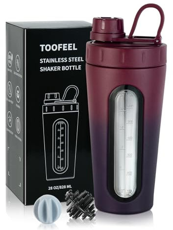 TOOFEEL Shaker Flaschen für Proteinmischungen – 28 oz Edelstahl Protein Shaker mit 2 Shaker Kugeln, bleibt nicht kalt/heiß, Metall Shaker Becher mit sichtbarem Fenster, auslaufsicher