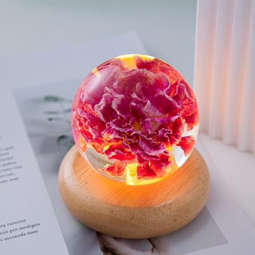 MARZIUS Blumen-Kristallkugel-Nachtlicht, 7 cm Glaskugel-Nachtlampe mit Holzsockel, Dekorationen, Geschenke für Männer, Frauen, Kinder, Jungen, Mädchen, Teenager (Rote Nelke)