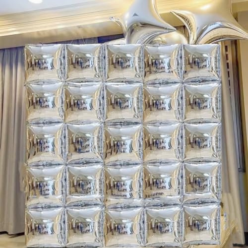 Orgnafey Square Foil Metallic Silver Balloons Wall Tunnel Flat Double Sided Mylar Chrome Silver Balloon Arch Garland Kit New Year's Eve Wedding Graduation Engagement Disco Party Background Decorations