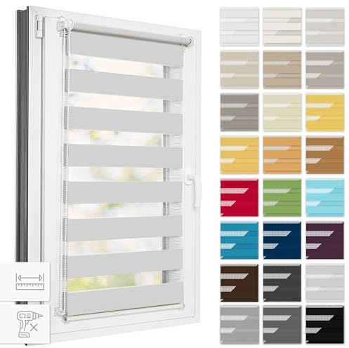 Estika Doppelrollo Klemmfix ohne Bohren, Breite alle 1 cm - 70 cm x 120 cm - Hellgrau - Tag und Nacht Duo Rollo, Rollos für Fenster ohne Bohren, Fenster sichtschutz