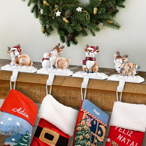 Kalolary Kaminhaken Weihnachtsstrumpf Halter, 4 Stück Weihnachtselch Weihnachtsstrumpf Halter für Kamin Stabile Kaminsims Strumpfhaken für Kaminsims Theke Tische Fenster Weihnachtsdekorationen
