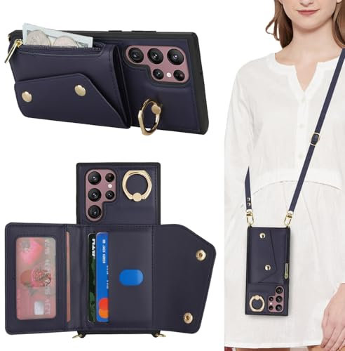 Lipvina Coque pour Samsung Galaxy S22 Ultra avec Cordon Porte Carte Coque zippé Portefeuille Femme Telephone Portable Réglable Collier Housse Étui avec Anneau pour Femmes - Bleu