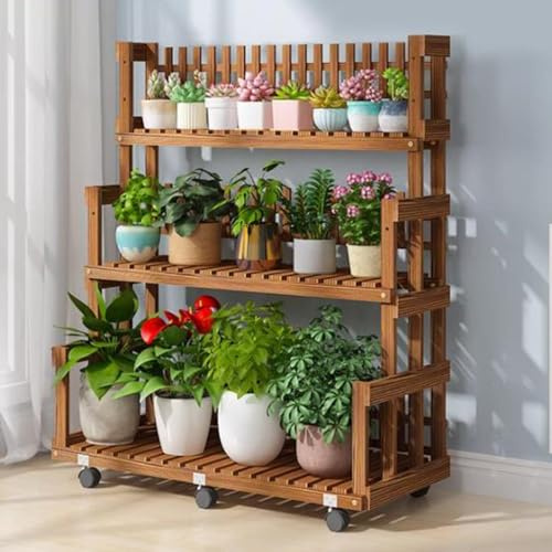 KADEUX Holz 3 Stufen Pflanzenregal, Höhenverstellbarer Blumentreppe, Blumentopf Leiterregal Gartenregal, Pflanzentreppe Mit 3 Ablagen Für Indoor/Outdoor(90cm With 6 wheels)