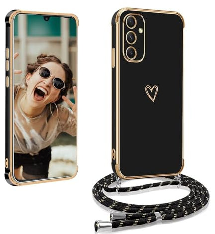 Jeelar ESONG Funda con Cuerda para Samsung Galaxy S24+ Plus Carcasa Original con Cordón,Patrón de Corazón,Ultra Fina Suave TPU Silicona AntiChoque Cover Case para Mujeres y niñas Negro