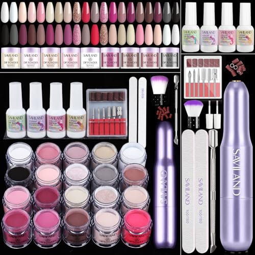 SAVILAND Plus Dip Powder Nail Kit with Drill: 20 Colors Long Lasting Premium Dip Nails Powder Starter Kit Quick Drying Dip Powder Liquid Set Dip Base Top Activator Brush Saver for French Nail Art DIY