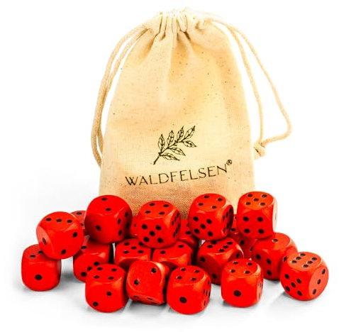 Waldfelsen 6, 12, 20, 30 o 50 dadi in legno di faggio di alta qualità in vero cubo per gli occhi in legno da 16 mm con sacchetto di stoffa (rosso, 20 pezzi)