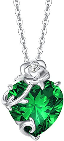 FANCIME Collier Pierre de Émeraude en Forme de Cœur Rose pour Femme, Pendentif Fleur de Rose en Argent 925, Cadeau Anniversaire Fête des Mères Noël, Bijou Femme Fille Épouse