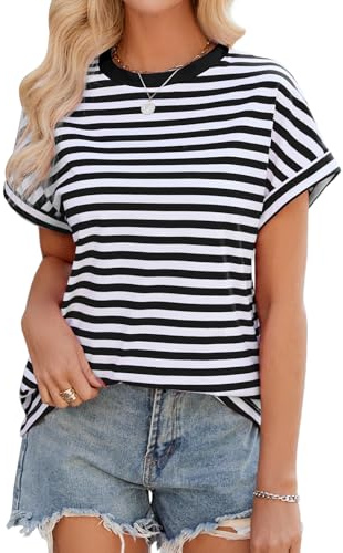 Lonya Tee Shirt Femme D'été Débardeur à Manches Courtes Rayures T-Shirts Col Ras Élégant Base Hauts Tuniques Top Z-Noir-Blanc,S