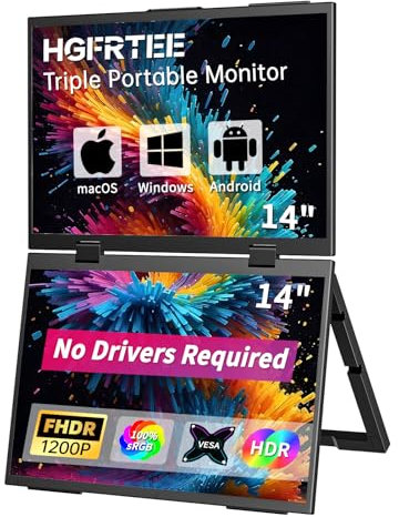 HGFRTEE Dual Portable Monitor 14 pollici, 1920 x 1200 FHD, 16:10, antiriflesso, IPS, grandangolo 178°, sRGB 100%, 60Hz, altoparlante, USB-C, mini HDMI, leggero e pieghevole, VESA, Windows/MacOS Dual14