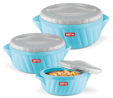Milton Flora Regular Set Insulated Inner Steel Casserole for Roti 3Pc (750ml 1.25L & 2.1L) Hot Box for Kitchen, Hot Pot with Lid, Chapati Box, Roti Casserole, Serving Boxes, Hotcase, Cyan Blue