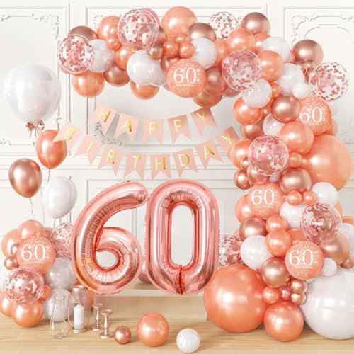 60th Birthday Decorations for Women, Rose Gold Balloons Garland Arch Kit Party Decorations with Number 60 Foil Balloon Happy Birthday Banner, Rose Gold Decor for 60th Birthday Party