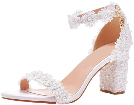 Jamron Femme Élégant Talon Bloc Sandales Bride Cheville Dentelle Perles Chaussures de Mariée