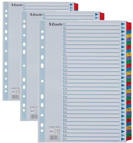 Esselte Register für A4, Deckblatt und 31 Trennblätter, Taben mit Zahlenaufdruck 1-31, Lochrand und Taben folienverstärkt (Mylar), Blau, Karton, 100164 (Packung mit 3)