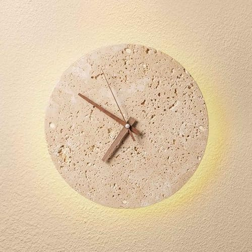 MODEBHD Runde Wanduhr aus Naturstein, Travertin Wanduhr mit LED-Hintergrundbeleuchtung, Wandlampe für Wohnzimmer, Schlafzimmer, leise Uhr im modernen minimalistischen Design