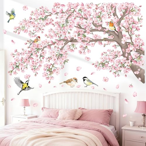 decalmile Cherry Blossom Tree Branch Pink Floral Wall Decals Stickers (XL) | Peel and Stick Decals for Walls, DIY Wall Art Stickers, Removable & Wall-Safe, Vibrant Colors Wall Decor