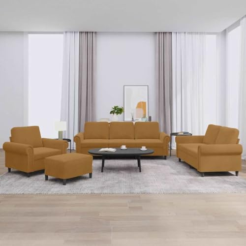 HETFTJN 4-TLG. Samt Wohnzimmer Garnitur mit Sessel 3-Sitzer 2-Sitzer Couch und Hocker Braun 212 x 77 x 80 cm Modernes Schlafsofa Big Sofa Ecksofa mit Stauraum für Living Room und Balkon