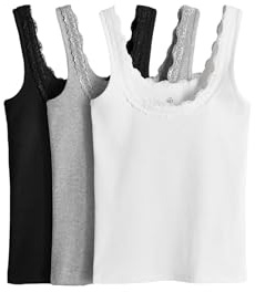 THE SET Damen Gerippte Trägertops mit eckigem Ausschnitt und Spitzendetails, 3er-Pack Schwarz/Grau/Weiß S