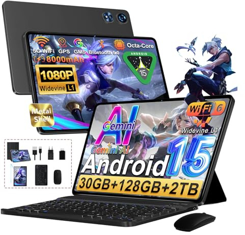 Tablet Android 15 Gemini AI, 128GB ROM+2TB TF, 30 RAM, 10 Pulgadas Tableta táctil con Teclado y ratón, 1280 * 800 IPS HD, Widevine L1, 2.4G/5G WiFi, Octa-Core, 5MP+8MP, BT 5.0, 8000mAh, Metálica Negro