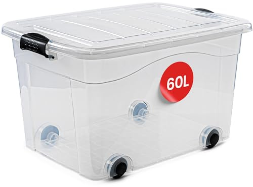 KONZEPT Aufbewahrungsbox mit Deckel 60L, 61x45x36cm, transparent, Rollen | Stapelbare Kunststoffbox aus PP, robust & verschließbar, für Keller, Umzug, Kleidung, Bettwäsche, Spielzeug & Haushalt