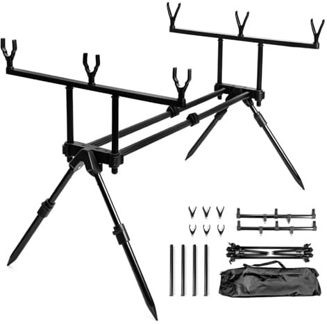 Rutenhalter, 64-121 cm Ausziehbarer 3-Stab-Karpfenangeln Rod Pod Rutenständer mit Tragetasche und 6 Rod Rest Köpfe Höhen- und Längenverstellbar Dreiköpfiger Angelrutenhalter für Karpfenuferangeln