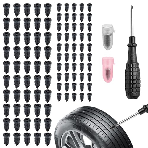 100Pcs Rubber Tire Repair Nails Kit Screw in Plugs with Screwdriver | Fast Self-Service Flat Puncture Repair Tools, With Storage Box, Universal Quick Tire Plug Kit for Car Motorcycle Truck
