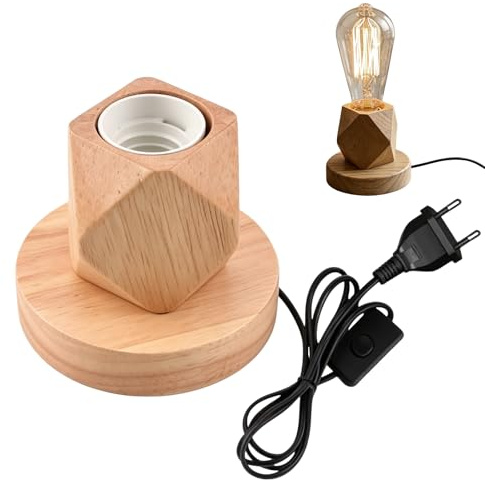 BAIFULAI Tischlampe Holz, E27 60W Nachttischlampe Holzfuß, Diamant Mini Tischleuchte mit Holzsockel &Kabelschalter, Retro, EU-Plug, für Schlafzimmer, Wohnzimmer oder Büro (ohne Glühbirne)
