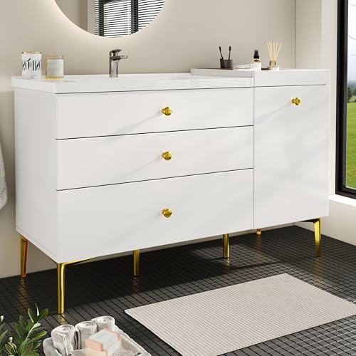 NADEUSAK Mueble de baño 120 x 47,5 x 80 cm, blanco + dorado, armario bajo lavabo de cerámica, armario de baño con cajones y armario, moderno mueble de baño para baño