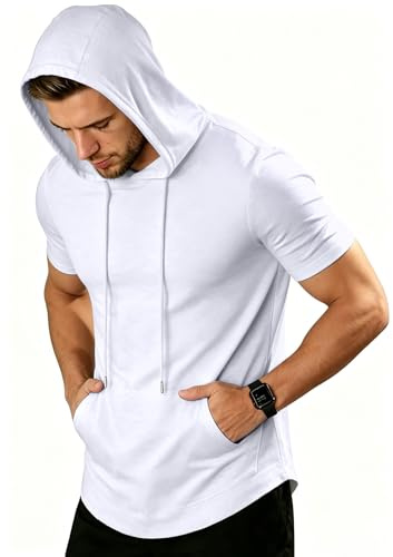 ZITY Men's Short Sleeve Hooded T‑Shirt Muscle Fit Workout Gym Pullover Top Lightweight Summer Athletic Shirts with Pocket for Running Hiking M-3XL
