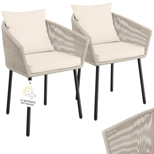 STEELSØN Nair Gartenstühle 2er Set, Beige, Rattan, Kissen, bis 160 kg | Terrassenstuhl, Outdoor Schalenstuhl Garten/Balkon/Terrasse, Loungesessel wetterfest, Metallgestell, Balkonstuhl, Gartenmöbel