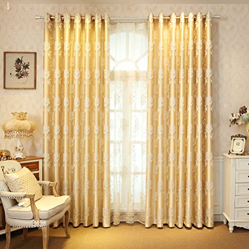 ELKCA Jacquard-Vorhänge und Vorhänge, luxuriös, goldfarben, Blumenmuster, für Wohnzimmer, mit Ösen, 2 Paneele (floral-goldfarben, 132 x 244 cm lang)