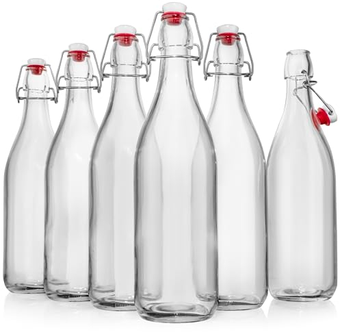 WILLDAN Swing Top Glass Bottles [1 Liter / 33 fl. oz.] [Pack of 6] Flip Top Brewing Bottle w/Leak Proof Stopper Lids for Fermentation, Kombucha, Mead, Vinegar, Beer, Kefir, Wine, Water, Soda