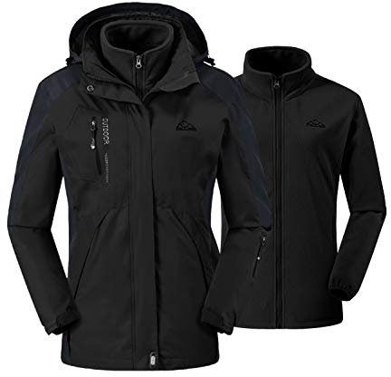 donhobo Womens 3 In 1 Jackets Fleece Ski Jacket Softshell Winter Waterproof Full Zip Windproof Coat Zip Pockets(Black,S)