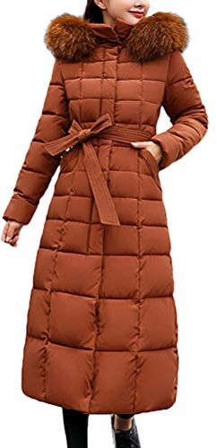 ORANDESIGNE Damen Warm Winterjacke Parka Jacke Mantel Lange Mit Fellkapuze Steppjacke Wintermantel Lässig Dicker Daunenjacke Daunenmantel Mit Gürtel Braun DE 40