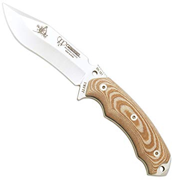 Cudeman 124-X* JJSK1 Messer 12 cm MoVa-Edelstahlklinge, 11,5 cm brauner Micarta-Griff für Jagd, Angeln, Survival und Bushcraft + Flaschenhalter