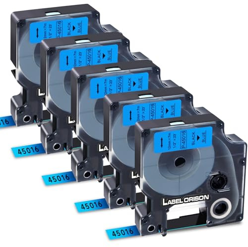 Label Orison 45016 Label Tape Kompatibel mit DYMO D1 Label Maker Nachfüllpacks für Dymo LabelManager 160 280 210D, 12mm x 7m (1/2 Zoll x 23 Fuß), 5-Pack, Schwarz auf Blau