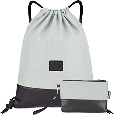 LIVACASA Turnbeutel Mit Reißverschluß Innentasche Sportbeutel mit Leder Hipster Gym Bag Beutel Gefüttert Rucksack Mit Verstellbar Tunnelzug Gymsack Turnsack für Herren Rein Hellgrau mit Geldtasche