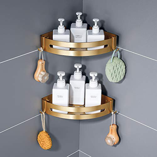 Brushed Gold 2-Packed Bathroom Corner Shelves Wall Mount Shower Caddy Organiser with Hooks Shampoo Holder,Drilling or Adhesive