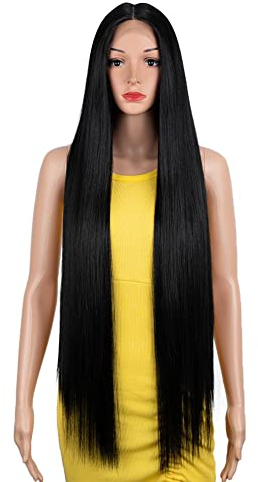 DÉBUT Lace Front Perücke Super lange Glatte Perücke für Damen 95 cm 260g Kunsthaar Hitzebeständige Faser 130% Dichte (95 cm, Naturschwarz)