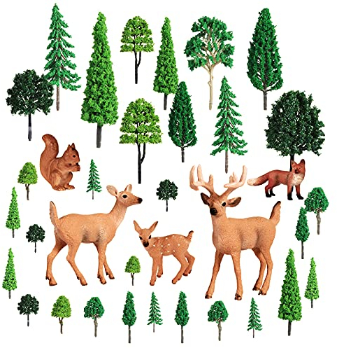 5 Stück Waldtiere Figuren Spielzeug und 30 Stück 3,5 - 16,3 cm gemischte Modellbäume Miniatur-Bäume Zubehör für Geburtstagsparty, Kuchenaufsätze, Tischdekoration, Weihnachten, Miniatur-Spielzeug