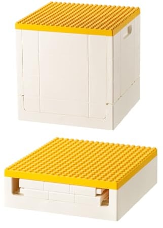 SHIMOYAMA Collapsible Storage Box with Baseplate Lid for Duplo, 25L Stackable Bin with Separate Building Board for Lego, 26 Qt. Folding Container for Lego Duplo Mega Bloks Storage (Yellow)