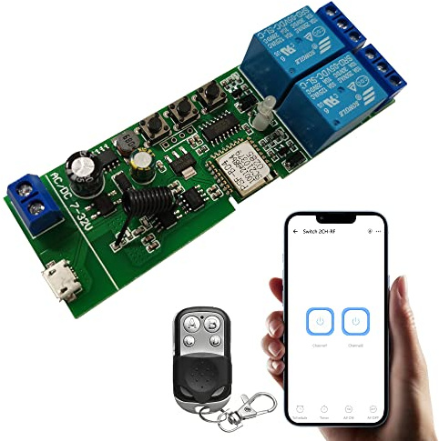 Jane Eyre Módulo de relé WiFi Interruptor remoto de 2 canales Relé momentáneo/autoenclavable para la eWeLink APP con control remoto RF de 433 MHz Compatible con Alexa y Google Assistant