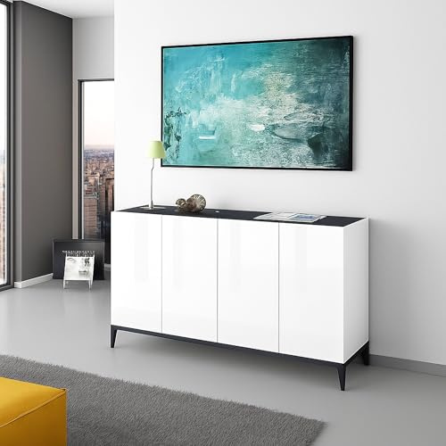 Dmora - Buffet Liam, Buffet de cuisine 4 portes, Buffet de salon, 100% Made in Italy, 160x40h82 cm, Blanc brillant et ardoise