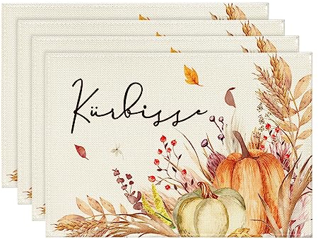 Artoid Mode Kürbisse Blumen Blätter Herbst Platzsets 4er Set, 30x45cm Urlaub Tischsets Waschbar Platzdeckchen Küche Party Deko