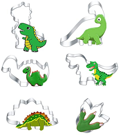 kukifun Dinosaurier-Ausstechformen, 6 Stück, Dinosaurier-Ausstechformen, Jurassic-Ausstechformen, T-Rex, Spinosaurus, Brachiosaurus, Dinosaurier-Fußabdruck, Edelstahl-Dino-Ausstechformen