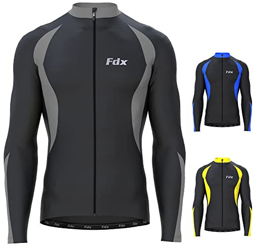 FDX Mens Cycling Jersey, Windproof Warm Winter Cycle Tops, Long Sleeves Water-Resistant Lightweight Thermal Bike Jacket, Windproof Bicycle Shirt for Riding, and Running(Grey, L)