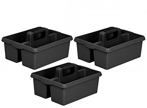 (Set of 3) Large Cleaning Caddy with Handles Plastic Caddy Tidy Organiser Cleaners Carry All Tote Tray Basket with Multi Compartment Cleaning Tool Utility Caddy for Kitchen Sink Bathroom (Black)