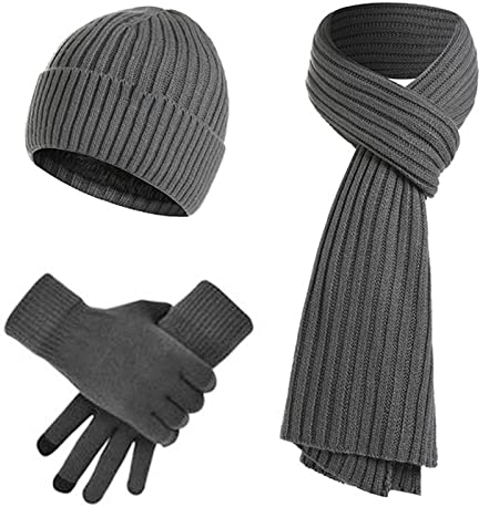 JIMACRO Winter 3set, Beanie Mütze Warme Knit Winterschal Thermo Touchscreen Handschuhe Set für Herren und Damen, Mütze Schal Handschuhe Set Mit Dick Fleece Innenfutter für Ski (Grau)
